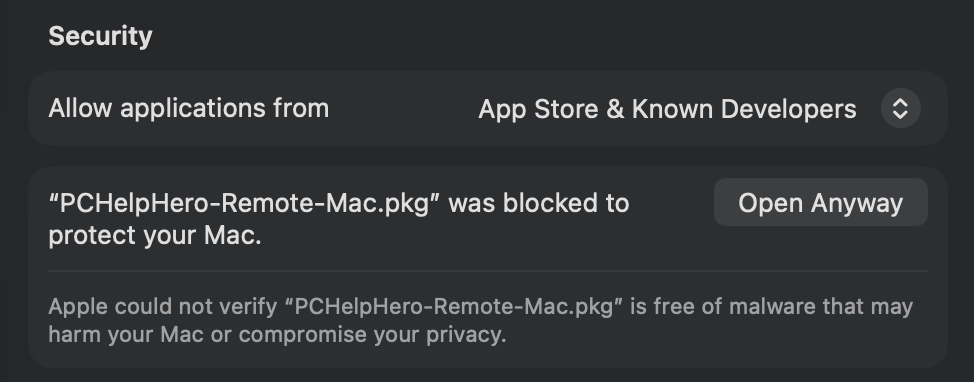 Security section showing PCHelpHero-Remote-Mac.pkg was blocked, with the Open Anyway button