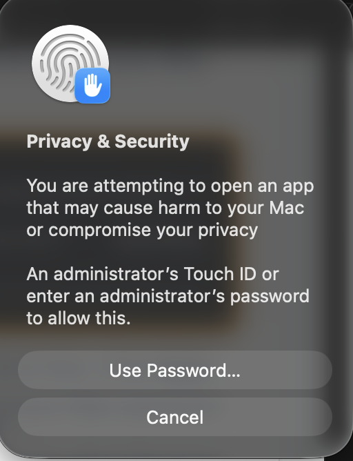 Privacy & Security popup asking for Touch ID or an administrator password