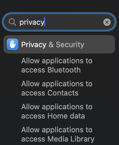 System Settings search box with 'privacy' typed and Privacy & Security highlighted